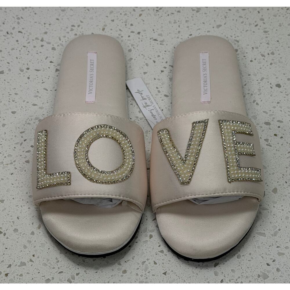 Victoria’s Secret LOVE Slide Sandals Pearl Rhinestone Satin Slippers NWT Size S